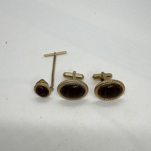 Vintage Swank Tigers Eye Cufflinks Tie Pin SET Oval Gold Tone - Picture 1 of 3